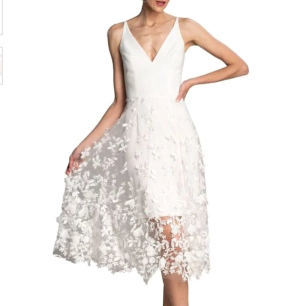 NWT DRESS THE POPULATION White Darleen V-neck Embroidered Mesh Cocktail Dress XS